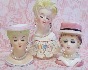 Mini 1950's Vintage Lady Head Vase YOUR CHOICE of Pink Brim Hat or Blonde Bouffant or Brown Hair with Pink Pillbox Hat Made in Japan