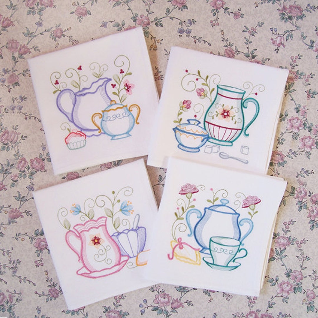 Embroidered Set of Teapots and Teacup Kitchen Towels in Bright Vibrant