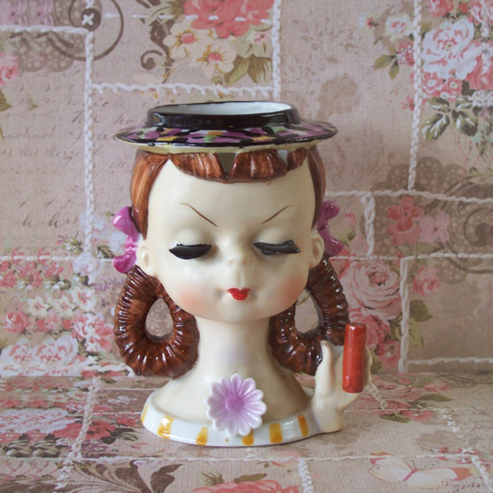 Vintage 1950s Girl Head Vase With Brown Curled Braided Hair Etsy