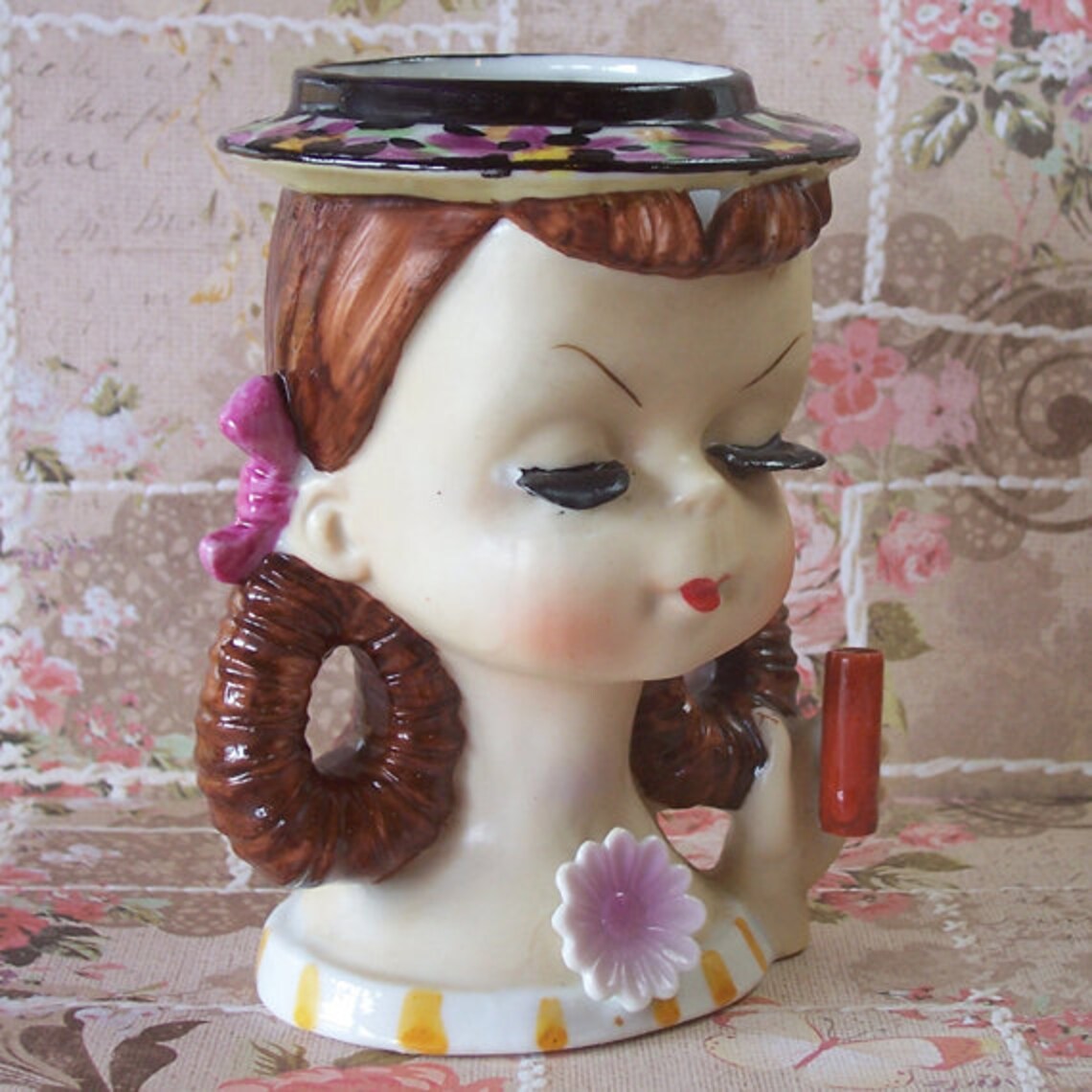 Vintage 1950s Girl Head Vase With Brown Curled Braided Hair Etsy