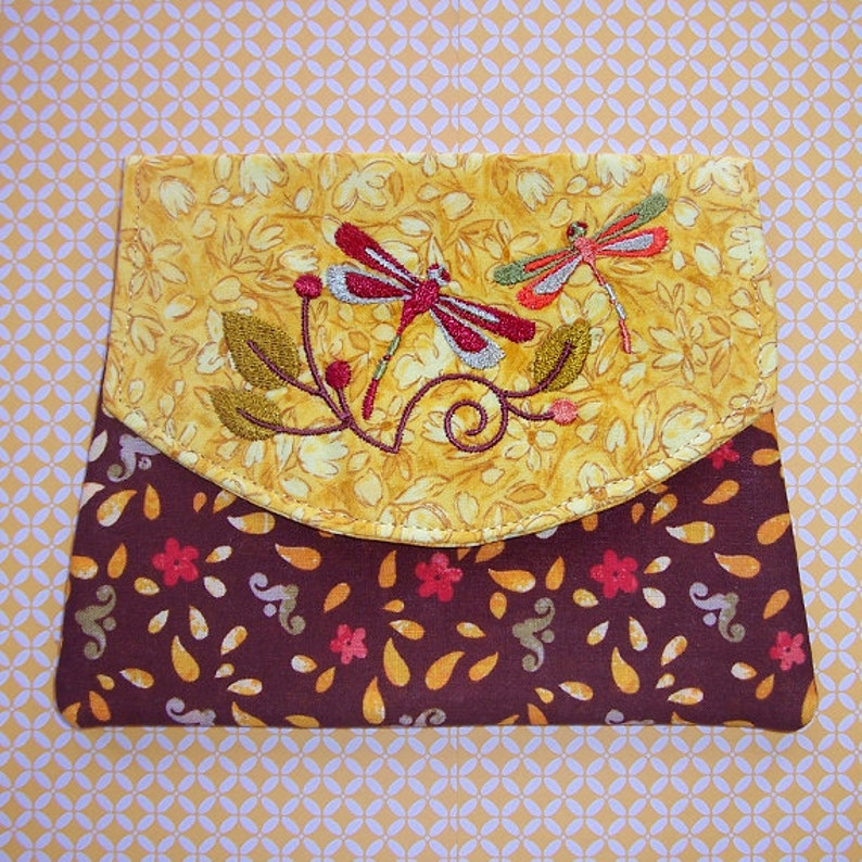 3 Pocket pouch with Embroidered Dragonflies on yellow floral fabric