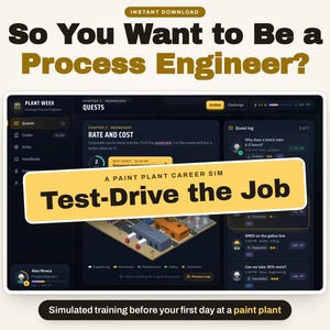 May include: A digital interface for a process engineer career simulation titled So You Want to Be a Process Engineer? featuring a quest dashboard, a paint plant isometric graphic, and text overlays including Test-Drive the Job.