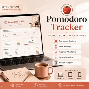 May include: A laptop displaying a Pomodoro Tracker Notion template, featuring a red tomato timer, a spiral notebook with the text FOCUS PLAN ACHIEVE, and a coffee mug. The screen shows task lists, progress bars, and the text Pomodoro Tracker.
