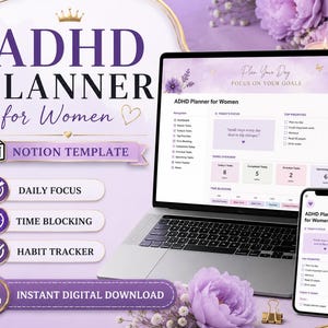 ADHD Planner for Women | Notion Template | Executive Function Planner | Daily Focus, Time Blocking & Habit Tracker
