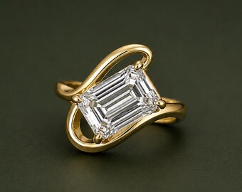 2.5 CT Emerald Cut Engagement Ring, Unique Bypass Swirl Gold Ring, Moissanite Solitaire, Modern Asymmetric Ring, Aniversary Gift for Her.