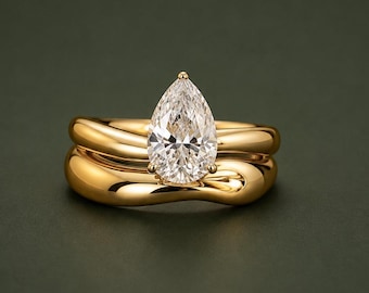 2 CT Pear Cut Diamond Engagement Ring Set, Chunky Gold Solitaire Ring, Curved Matching Wedding Band, Teardrop Moissanite Ring, Gift For Her