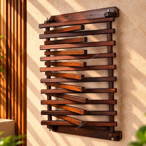 Op de afbeelding: Een aan de muur gemonteerd donkerbruin houten droogrek met een reeks horizontale latten. Het rek heeft een rechthoekig frame met verschillende latten die in een hoek zijn geplaatst, wat zorgt voor een gelaagd uiterlijk. Het hout heeft een zichtbare nerf.