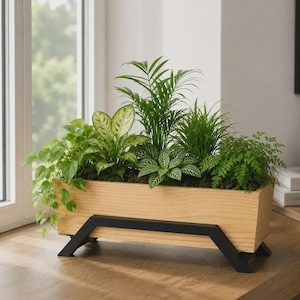 Wooden Planter Box with Metal Stand, Rectangular Indoor Plant Holder, Pine Wood Raised Planter, Modern Home Decor