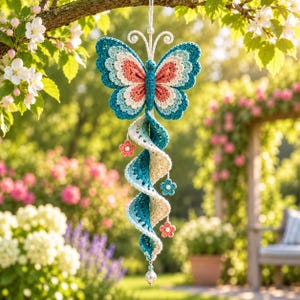 May include: A crocheted butterfly hanging decoration featuring a teal, cream, and coral color scheme. The butterfly has a spiral tail extending downwards, accented with small crocheted flowers in coral and teal, and a single white bead at the base.