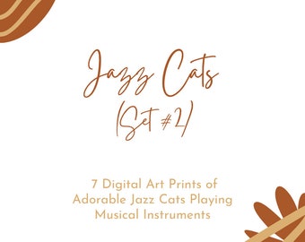 7 Digital Art Prints of Jazz Cats Playing Instruments; Wall Art; 8x10 Digital Printables; Printable Art