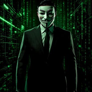 以下が含まれることがあります： 黒いスーツとガイ・フォークスの仮面をつけた人物が、緑色のデジタルコードの背景の前に立っているポスター。白い文字と緑色の文字で「ANONYMOUS THE STORY BEHIND THE HACKTIVIST MOVEMENT」および「DIGITAL HACKER LIBRARY」と書かれている。