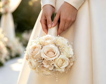 Bouquet da sposa in seta fatto a mano, rose impreziosite da perle e cristalli, ricordo di nozze.