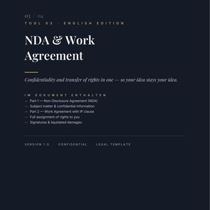 Könnte beinhalten: Ein dunkelblaues Rechtsdokument mit dem Titel Inventa The Inventor's Protection Kit, Tool 03, English Edition. Es enthält den Text NDA & Work Agreement sowie eine Auflistung von Inhalten wie Geheimhaltungsvereinbarung, Arbeitsvertrag und Unterschriften.