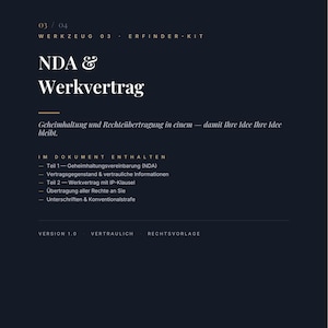 Könnte beinhalten: Ein dunkelblaues Dokument mit dem Titel Inventa The Inventor's Protection Kit, Werkzeug 03, Erfinder-Kit, NDA & Werkvertrag. Es enthält Abschnitte zu Geheimhaltung, IP-Klauseln, Rechteübertragung und Unterschriften, gekennzeichnet als Version 1.0, Vertraulich, Rechtsvorlage.