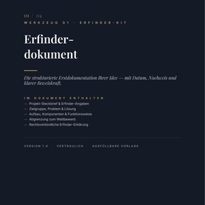 Peut inclure: Un document bleu foncé intitulé Inventa The Inventor's Protection Kit, Werkzeug 01 Erfinder-Kit et Erfinder-dokument. Il contient des sections sur les détails du projet, le public cible, les composants, la concurrence et une déclaration légale, marqué Version 1.0.