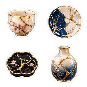 Adesivi digitali Kintsugi, clipart di ceramica giapponese kawaii in formato PNG, adesivo carino con tazza da tè Sakura e vaso in oro riparato, download immediato
