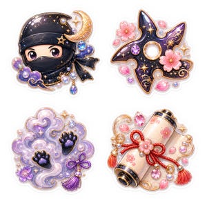 May include: A set of four stickers featuring a cartoon ninja head with a crescent moon, a dark purple shuriken with pink cherry blossoms, a purple cloud with black cat paw prints and a tassel, and a rolled scroll tied with red cord and flowers.