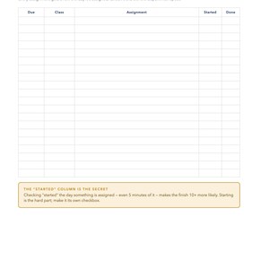 May include: A white assignment tracker page with dark blue text titled THE MASTER LIST and Assignment Tracker. It features a grid with columns for Due, Class, Assignment, Started, and Done. A box at the bottom explains the Started column secret.