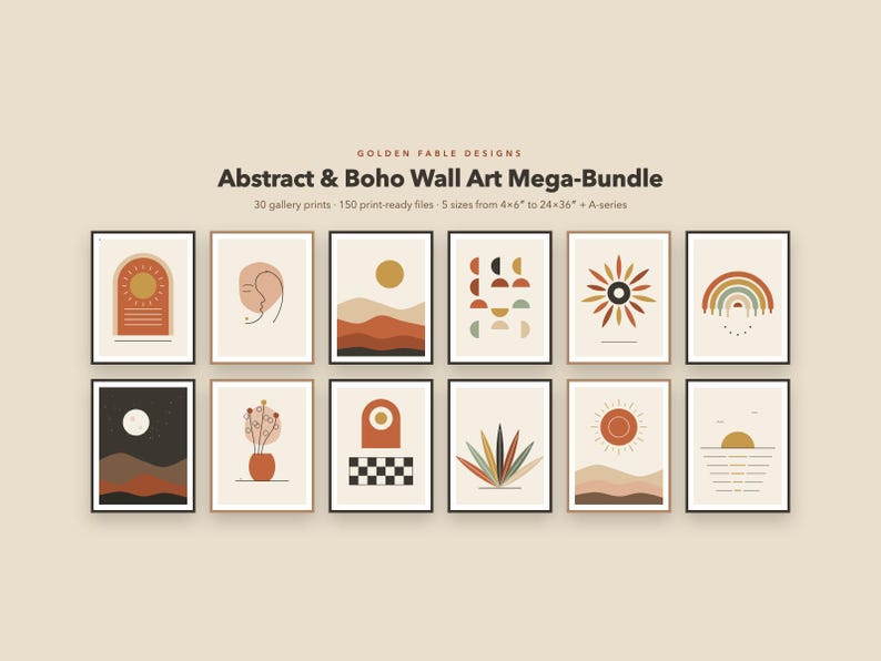 Boho Wall Art Printable Mega Bundle | 30 Abstract Art Print Set, Gallery Wall Set Digital Download | Neutral Wall Decor, 150 Files 5 Sizes image 1