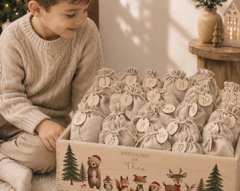 Calendrier de l'Avent en bois personnalisé pour garçons | Boîte de l'Avent avec prénom et motif animal à remplir | Coffret de 24 sachets et chiffres | Nanalou