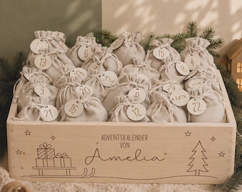 Caja de Adviento de madera personalizada para niños | Calendario de Adviento con nombre y motivo de animal para rellenar | Set con 24 bolsitas y números de madera | Nanalou