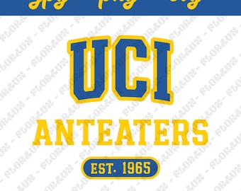 May include: A digital graphic with the text "UCI ANTEATERS" in blue and gold. The letters "UCI" are stacked above "ANTEATERS". Below is a blue and gold oval with "EST. 1965". The top reads "jpg - png - svg".