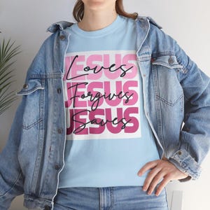 Jesus Repeat Pattern Tee | Pink Script Faith Graphic T-Shirt