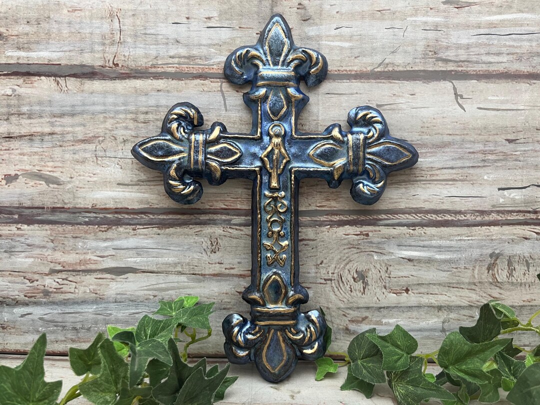 Marian Fleur De Lis Cross Deep Blue With Gold Highlights - Etsy