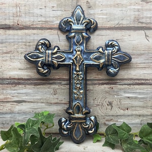Beautiful Handmade Marian Fleur de Lis Cross Deep Blue with Gold Highlights Stoneware Pottery