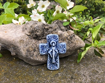 Small Marian Cross Christian Stoneware Blessed Virgin Catholic Madonna Mothers Day Miraculous Medal Lourdes Fatima Medjugorje