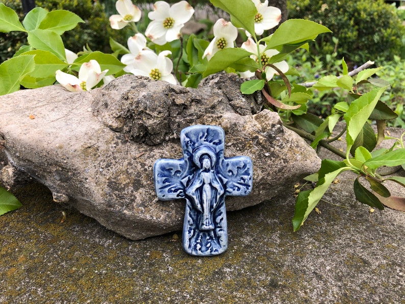 Small Marian Cross Christian Stoneware Blessed Virgin Catholic Madonna Mothers Day Miraculous Medal Lourdes Fatima Medjugorje