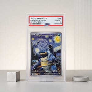 May include: A graded Blastoise trading card in a clear plastic slab. The card features a blue creature with cannons, set against a swirling yellow and blue starry night background. The label reads 2023 POKEMON SVP PIKACHU/WITH THE STARRY NIGHT #666 GEM MT 10.