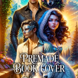May include: A book cover illustration featuring two individuals wearing ornate masks, one in a black shirt and one in a light shirt, accompanied by a dark wolf with pink flowers and a white wolf, set against a mountain landscape with the text PREMADE BOOK COVER AUTHOR NAME.