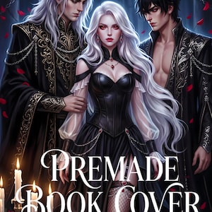 May include: A book cover illustration featuring three figures in dark attire. A central figure with long white hair wears a black corset dress. Flanking them are two figures in black robes with gold embroidery. Red rose petals fall in a dark stone hall.