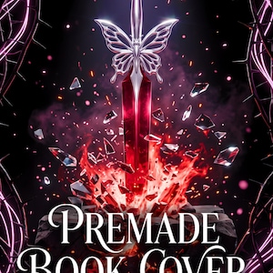 May include: A book cover design featuring a central sword with a butterfly-shaped hilt, glowing red blade, and shards of glass. The background is black with a frame of glowing purple thorns. Text reads: PREMADE BOOK COVER AUTHOR NAME.