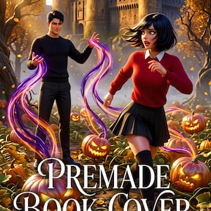 May include: A book cover illustration featuring a person in a black sweater and a person in a red sweater running through a pumpkin patch with glowing jack-o'-lanterns. A large stone castle stands in the background. Text reads PREMADE BOOK COVER AUTHOR NAME.
