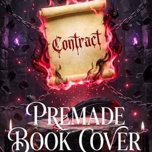 May include: A digital book cover design featuring a central parchment scroll labeled Contract, surrounded by vibrant red flames and dark chains. Below, the text reads PREMADE BOOK COVER and AUTHOR NAME, accented by black candles and floating petals.