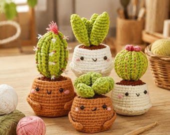May include: Four crocheted amigurumi plants in small pots with embroidered faces. Two green cacti with pink tops sit in brown pots, while two green succulents sit in white pots. Each pot features black bead eyes, a stitched smile, and pink cheeks.