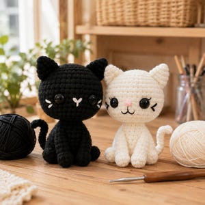 May include: Two crocheted cat figurines, one black and one white, featuring large black plastic eyes, embroidered facial details, and curled tails. The black cat has white stitched whiskers and a nose, while the white cat has a pink nose.