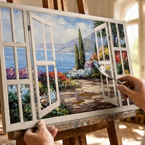 Mediterranean Window Painting,Open French Doors Canvas Art,Coastal View Wall Decor,Trompe Loeil Garden Scene,Framed Large Statement Piece