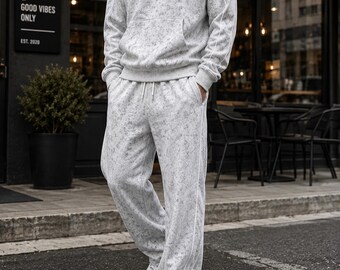 Ensemble de survêtement gris personnalisé à col zippé | Sweat-shirt et pantalon de jogging délavés à demi-zip avec passepoil blanc | Streetwear Lounge