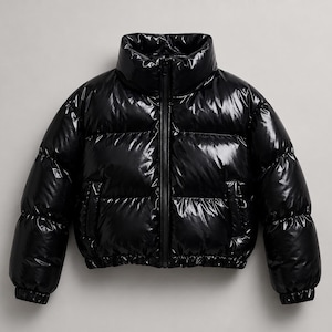 May include: A black puffer jacket with a high collar and a glossy, patent-like finish. The jacket features horizontal quilted panels, a central front zipper closure, long sleeves with elasticated cuffs, and a straight hemline with an elastic band.