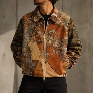 Art Nouveau Tapestry Jacket – Woven Portrait Bomber Coat, Statement Streetwear Outerwear