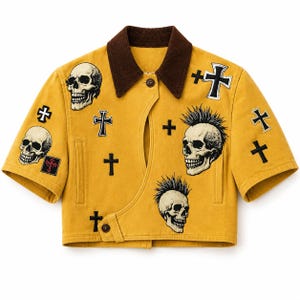 Giacca patchwork con teschi color giallo senape, cappotto a maniche corte con croce gotica Y2K