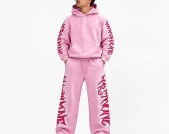 Custom Pink Tracksuit Set, Oversized Hoodie and Sweatpants Set, Matching Streetwear Outfit, Baggy Hoodie Set, Unisex Fleece Tracksuit