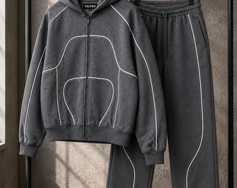 Trainingsanzug mit individuellen Paspeln | Futuristisches Y2K-Set aus Kapuzenpullover und Jogginghose mit Kontraststreifen | Streetwear-Loungewear von VeloraSportsPK