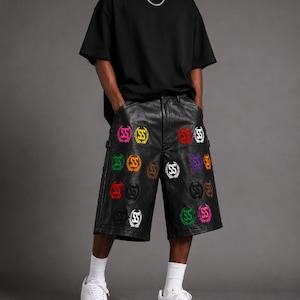 Custom Black Faux Leather Cargo Shorts | Y2K Streetwear Multi-Patch Skate Shorts | Unisex Edgy Hip Hop Bottoms by VeloraSportsPK