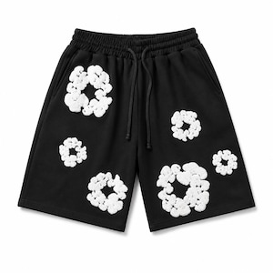 Anpassade mjukisshorts med chenillelappar för män | Stora svarta fleece-shorts | Streetwear-sommarshorts | Personliga träningsshorts med logotyp