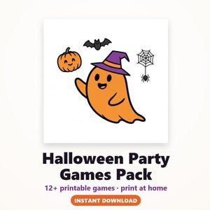 May include: A digital graphic featuring a smiling orange ghost wearing a purple witch hat, accompanied by a small orange pumpkin, a black bat, and a spider on a web. The text reads: Halloween Party Games Pack, 12+ printable games, print at home.