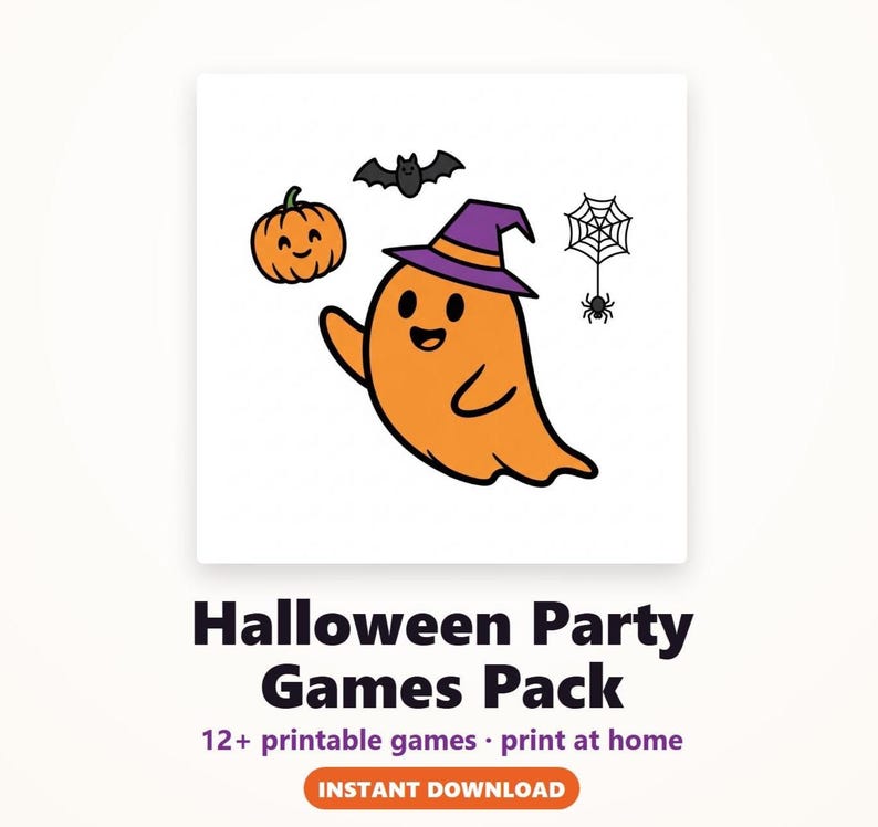 May include: A digital graphic featuring a smiling orange ghost wearing a purple witch hat, accompanied by a small orange pumpkin, a black bat, and a spider on a web. The text reads: Halloween Party Games Pack, 12+ printable games, print at home.